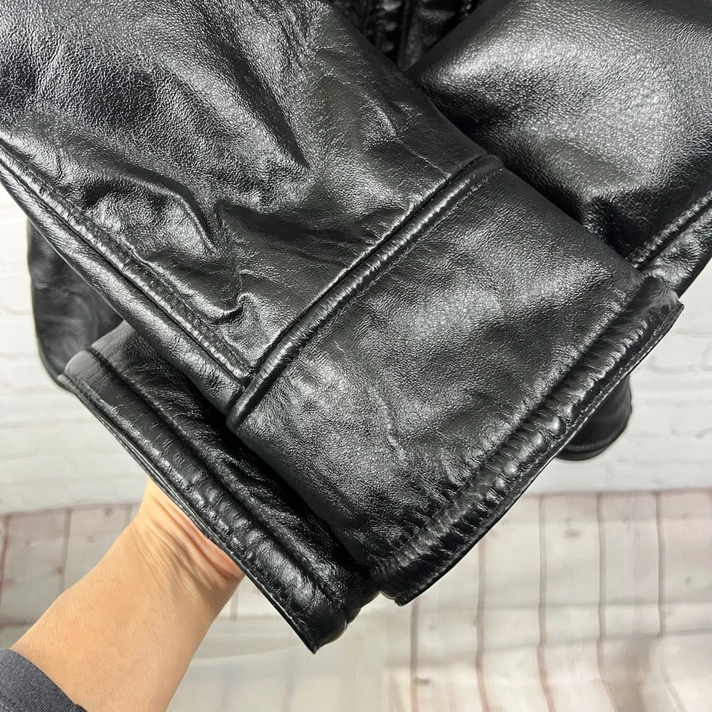 WOMENS! NWOT |•WILSONS LEATHER•| Black Leather Heavy Fur Lined Hooded Jacket - Picture 7 of 16